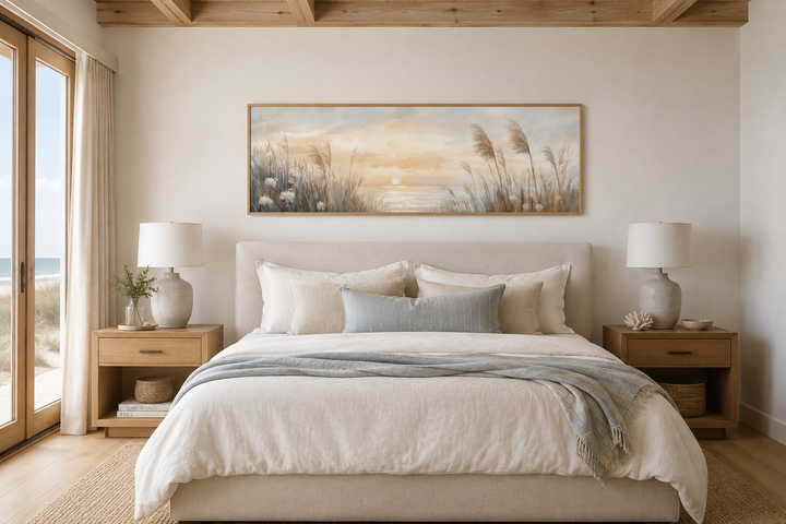 Horizontal coastal wall art of pampas grass on a beach at sunset, hung above a neutral-toned bed.