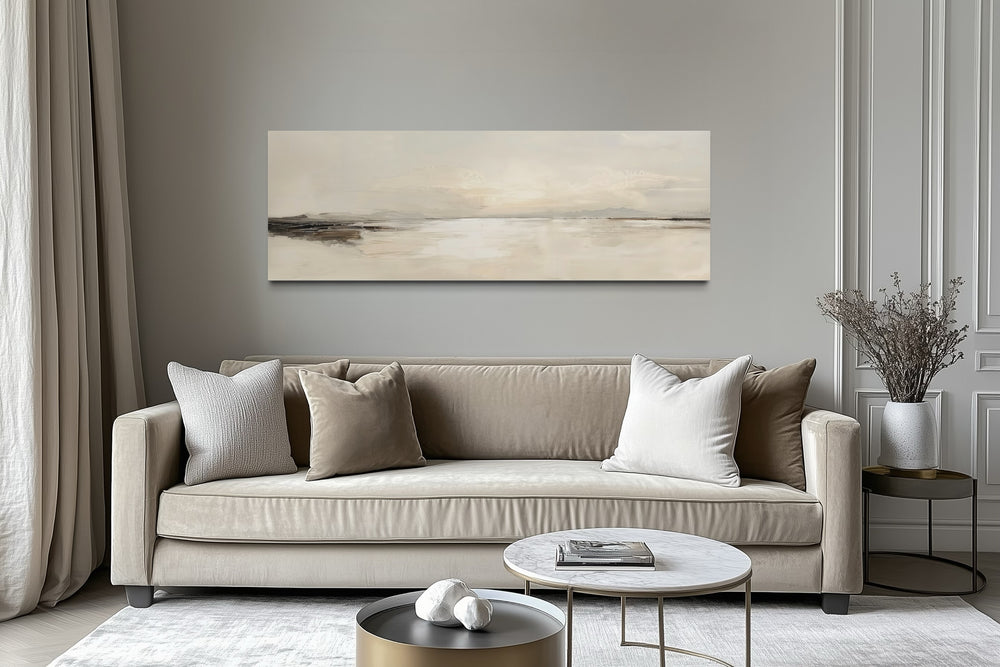 Panoramic coastal landscape neutral framed canvas wall art.