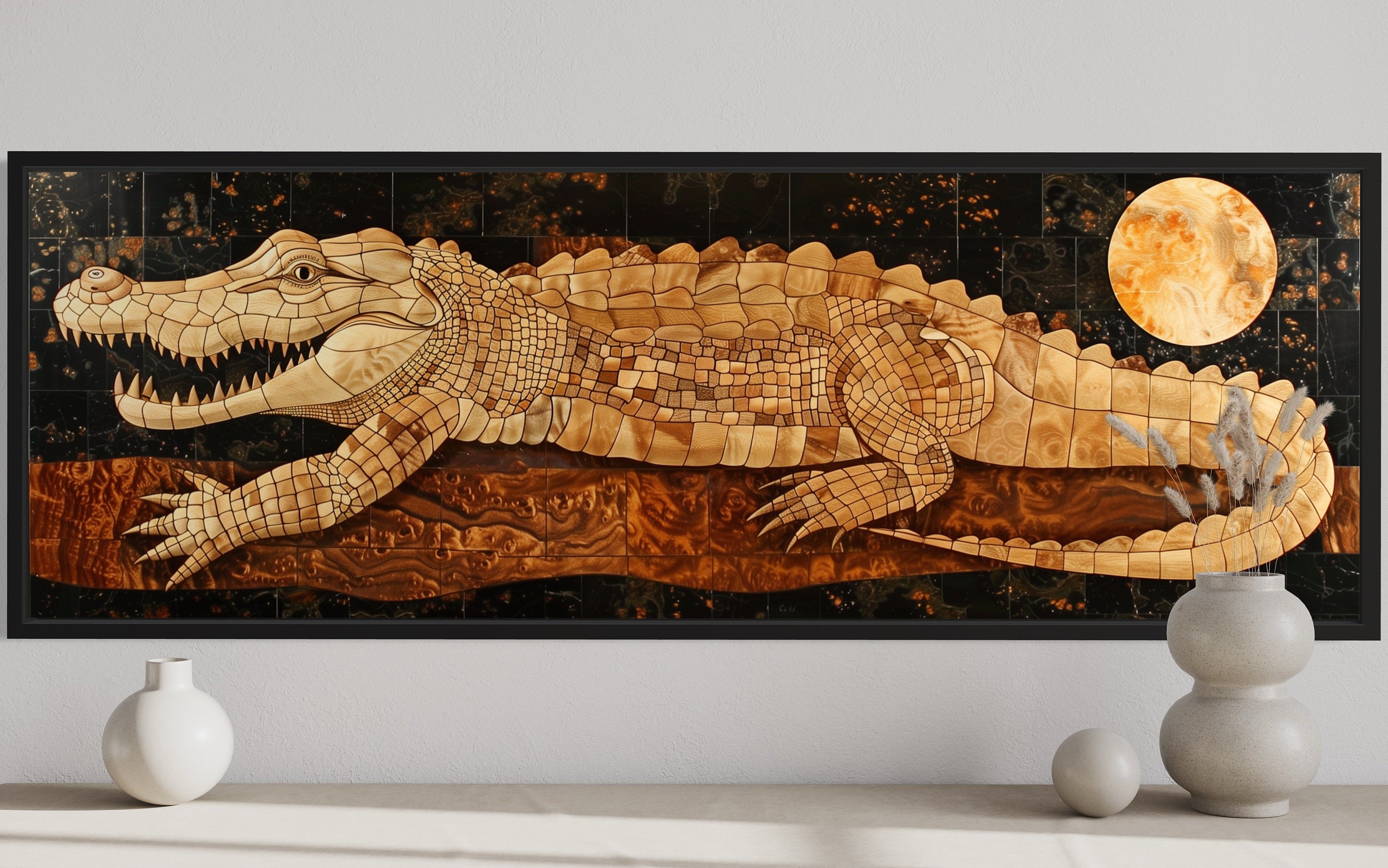 ミナコ カワウチ 【チワワ】版画　シルクスクリーン Panoramic Crocodile Wood Style Wall Art | Nature Decor – Wall