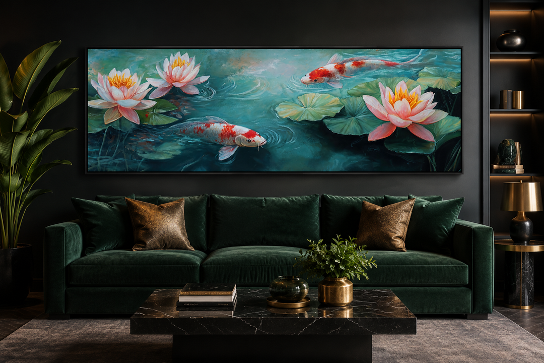 Panoramic framed canvas wall art featuring koi fish and water lilies in a dark, modern living room.