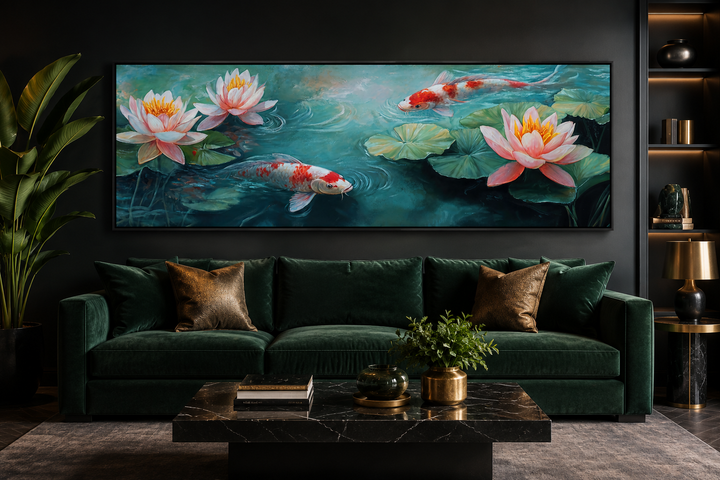 Panoramic framed canvas wall art featuring koi fish and water lilies in a dark, modern living room.