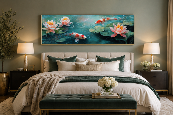 Panoramic framed canvas wall art featuring koi fish and lotus flowers above a bed.
