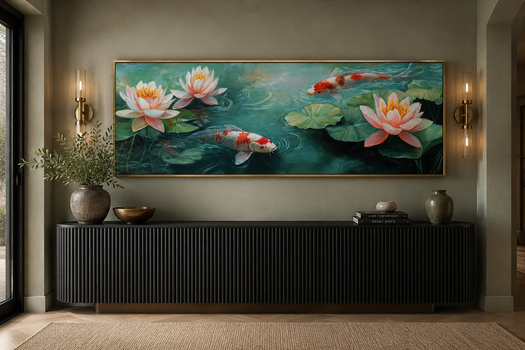 Panoramic framed canvas wall art featuring koi fish and water lilies in a serene pond.