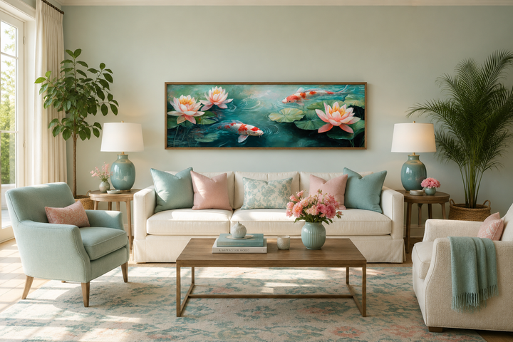 Panoramic framed canvas wall art featuring koi fish and water lilies above a white sofa.