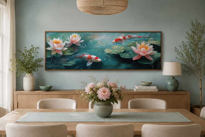 Panoramic framed canvas wall art of koi fish and water lilies in a serene dining room setting.