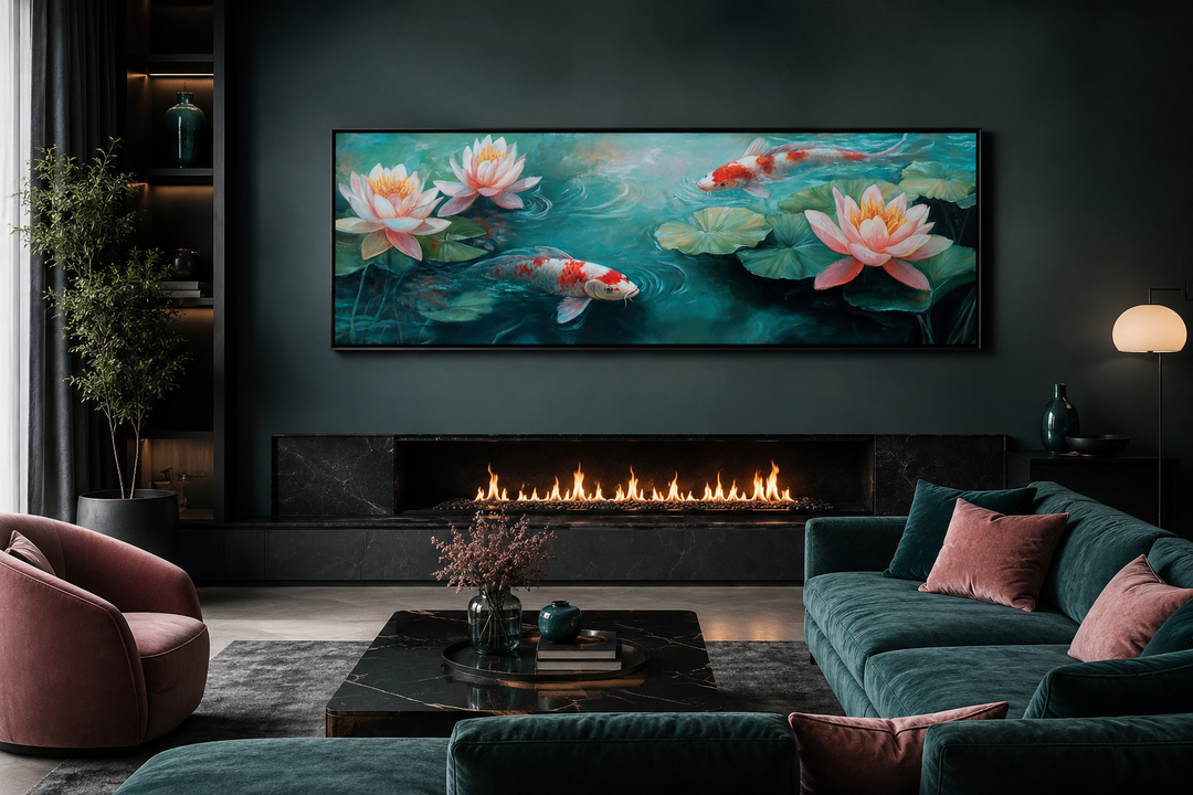 Panoramic framed canvas wall art featuring koi fish and lotus flowers above a modern fireplace.