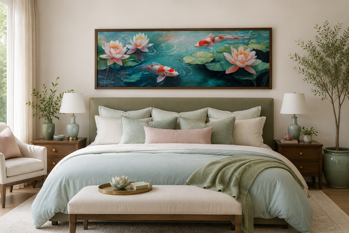 Panoramic framed canvas wall art featuring koi fish and lotus flowers above a bed.