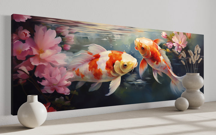 Panoramic Koi Fish Long Horizontal Framed Canvas Wall Art