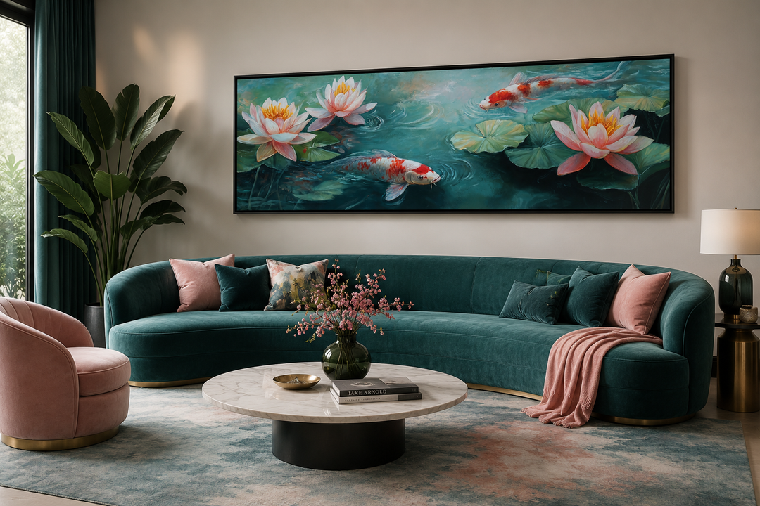 Panoramic framed canvas wall art featuring koi fish and water lilies above a teal curved sofa.