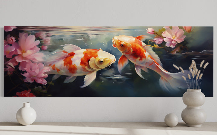 Panoramic Koi Fish Long Horizontal Framed Canvas Wall Art