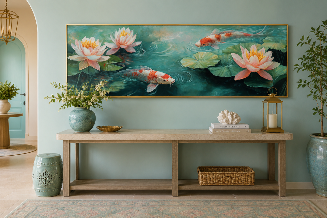 Panoramic framed canvas wall art featuring koi fish and pink water lilies in a serene pond.