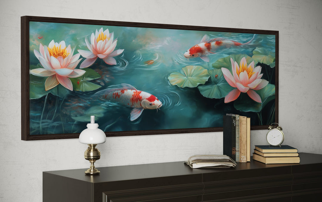 Panoramic horizontal framed canvas wall art featuring koi fish and water lilies in a serene pond.