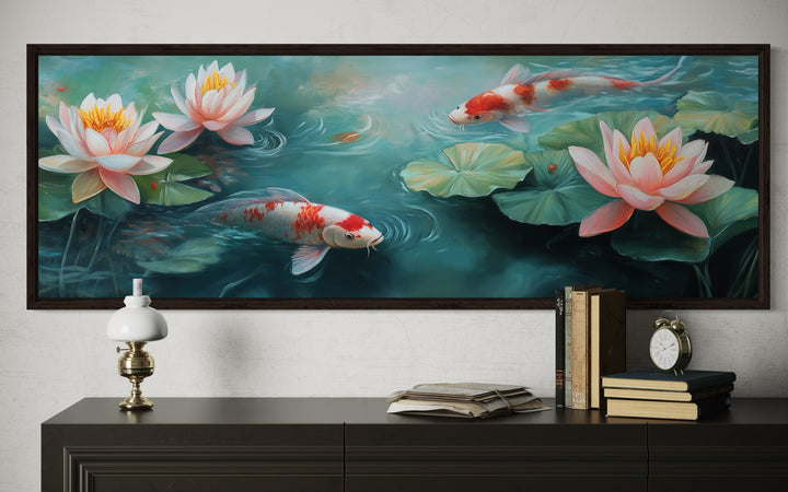 Panoramic framed canvas wall art of koi fish swimming among pink water lilies in a serene pond.