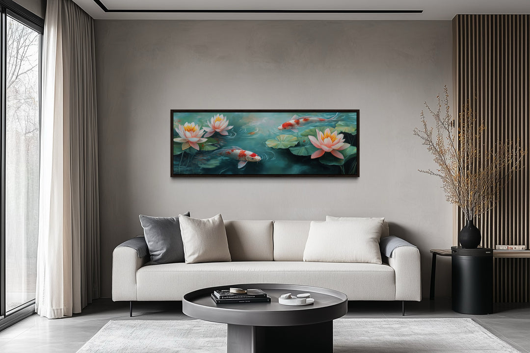 Panoramic koi fish framed canvas wall art above a sofa in a modern living room.