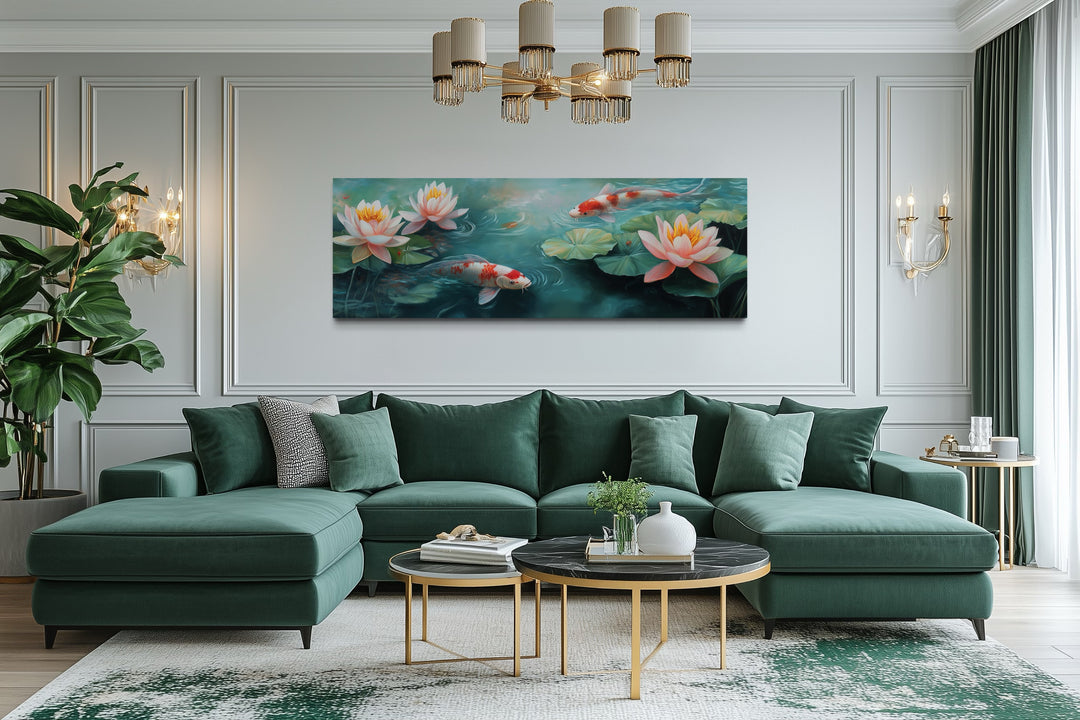 Panoramic Koi Fish Long Horizontal Framed Canvas Wall Art