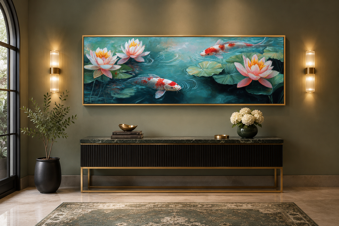 Panoramic framed canvas wall art featuring koi fish and pink water lilies in a serene pond.