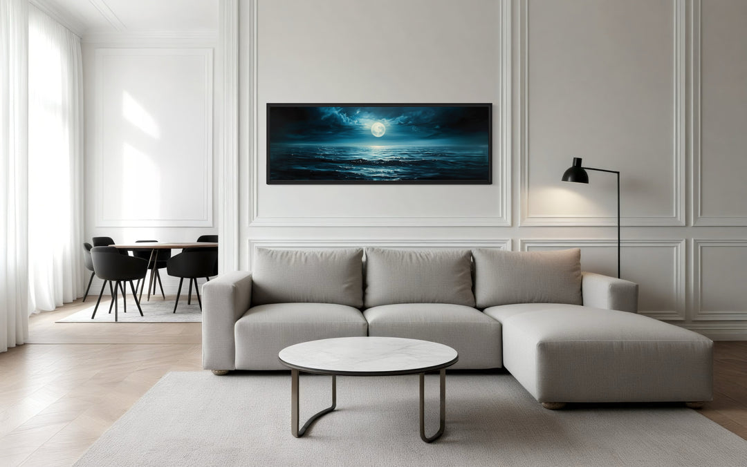 Panoramic Navy Blue Ocean And Moon In Night Sky Wall Art