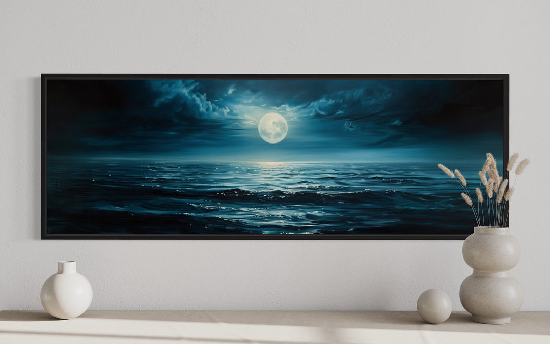 Panoramic Navy Blue Ocean And Moon In Night Sky Wall Art