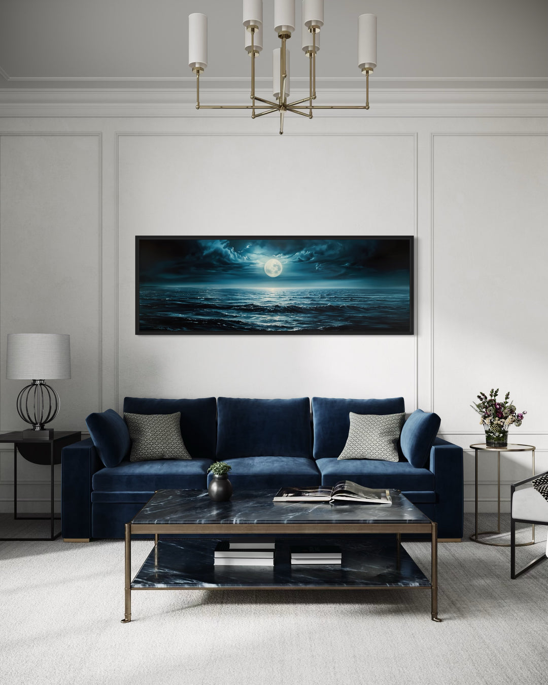 Panoramic Navy Blue Ocean And Moon In Night Sky Wall Art
