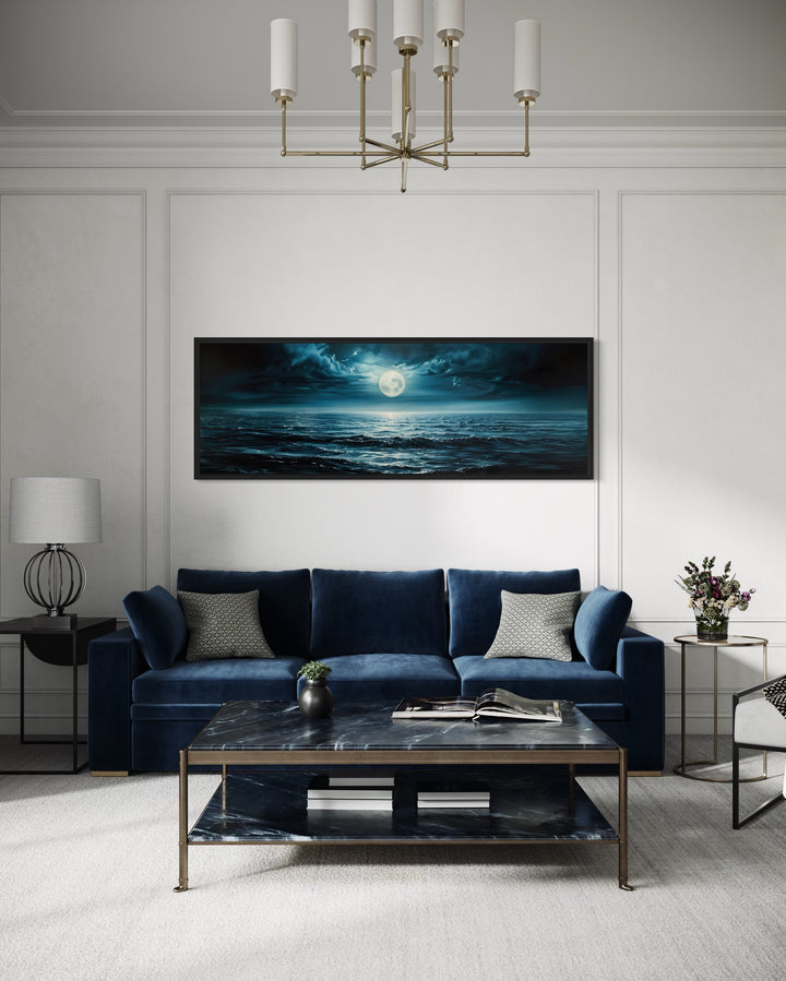 Panoramic Navy Blue Ocean And Moon In Night Sky Wall Art