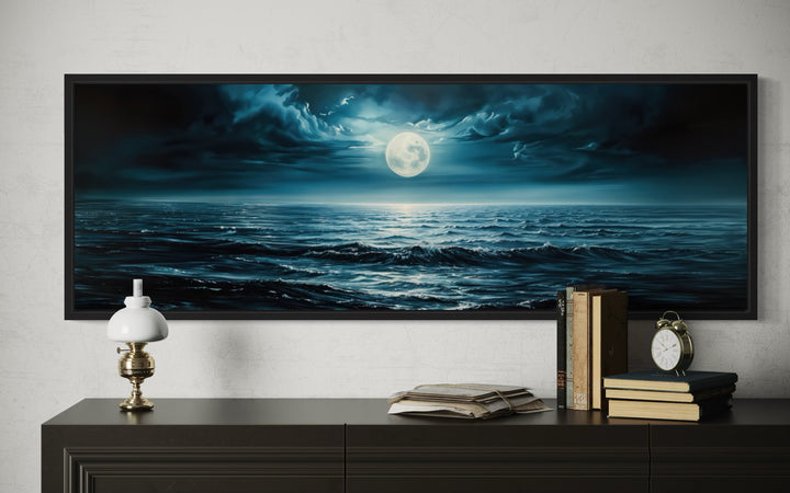 Panoramic Navy Blue Ocean And Moon In Night Sky Wall Art