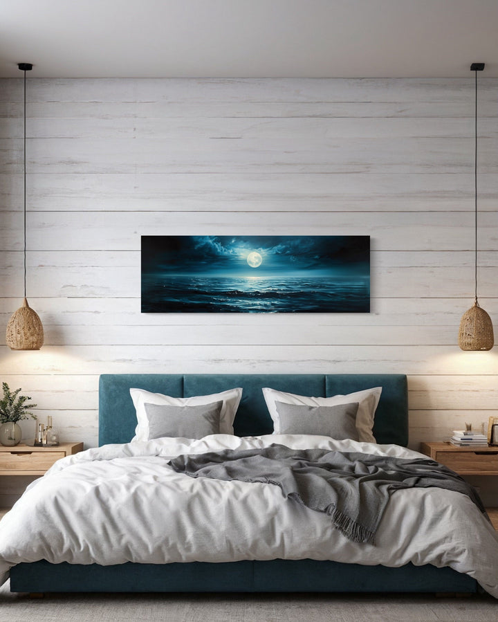 Panoramic Navy Blue Ocean And Moon In Night Sky Wall Art