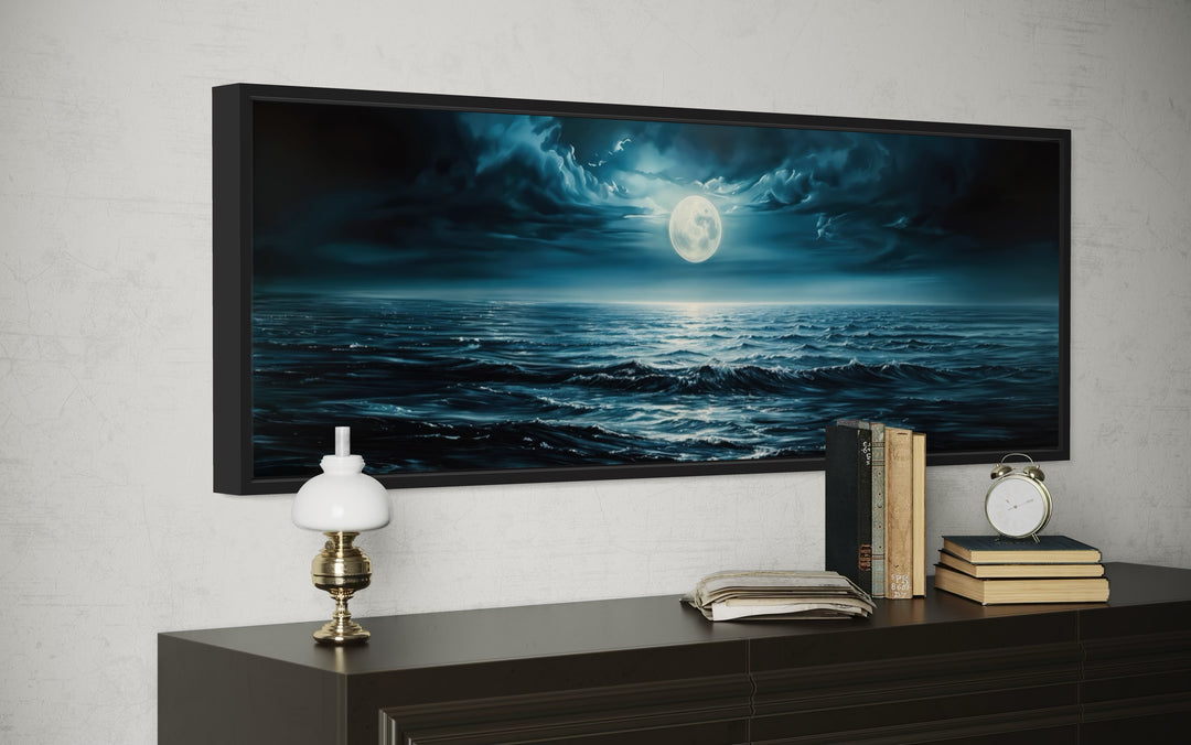 Panoramic Navy Blue Ocean And Moon In Night Sky Wall Art