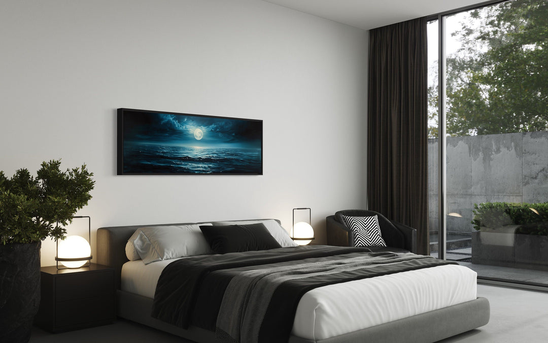 Panoramic Navy Blue Ocean And Moon In Night Sky Wall Art