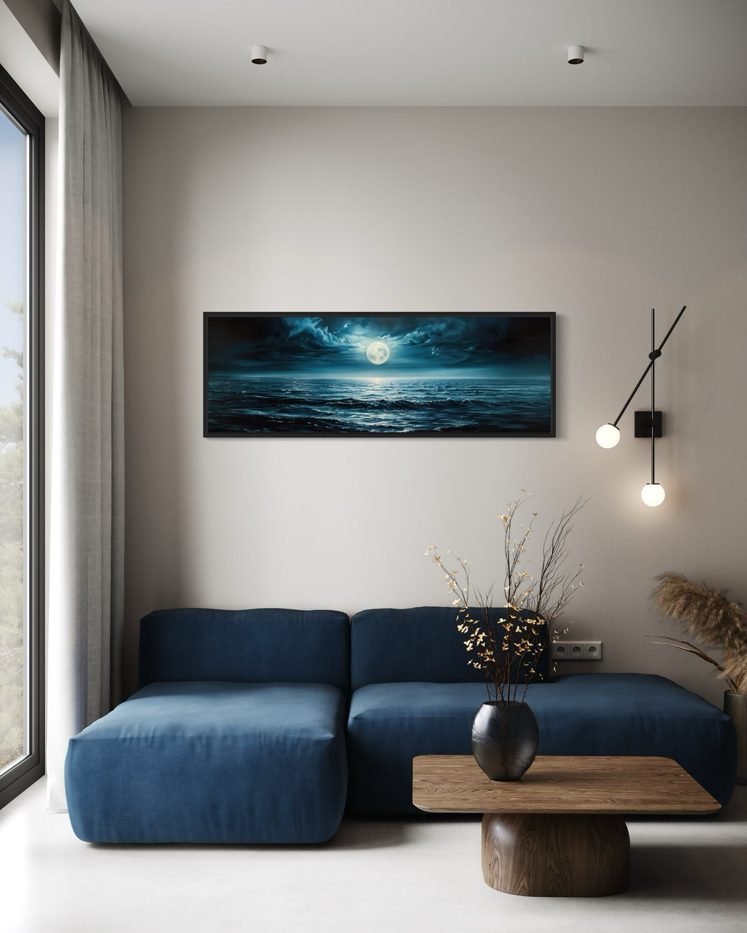 Panoramic Navy Blue Ocean And Moon In Night Sky Wall Art