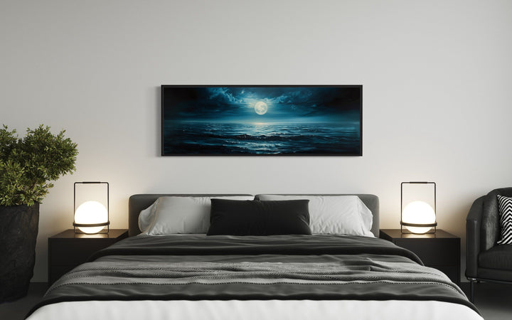 Panoramic Navy Blue Ocean And Moon In Night Sky Wall Art