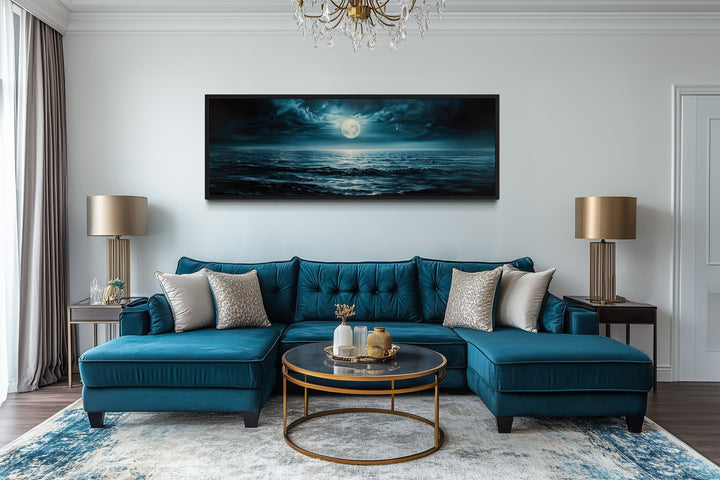 Panoramic Navy Blue Ocean And Moon In Night Sky Wall Art