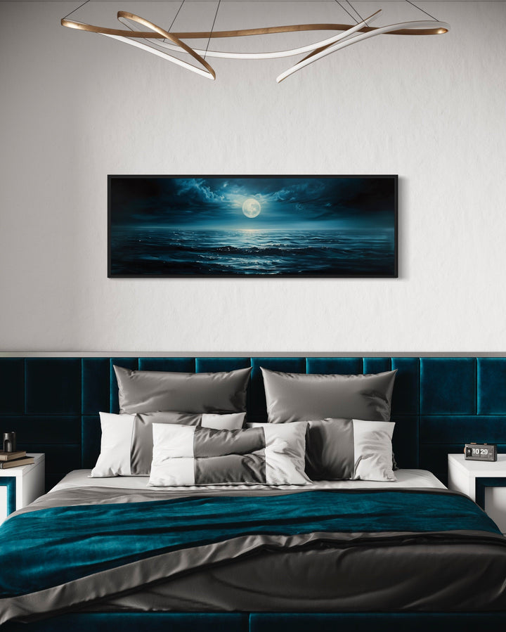 Panoramic Navy Blue Ocean And Moon In Night Sky Wall Art