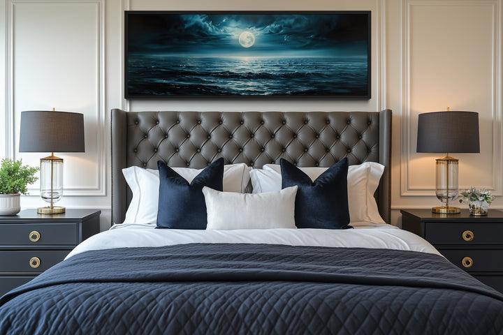 Panoramic Navy Blue Ocean And Moon In Night Sky Wall Art