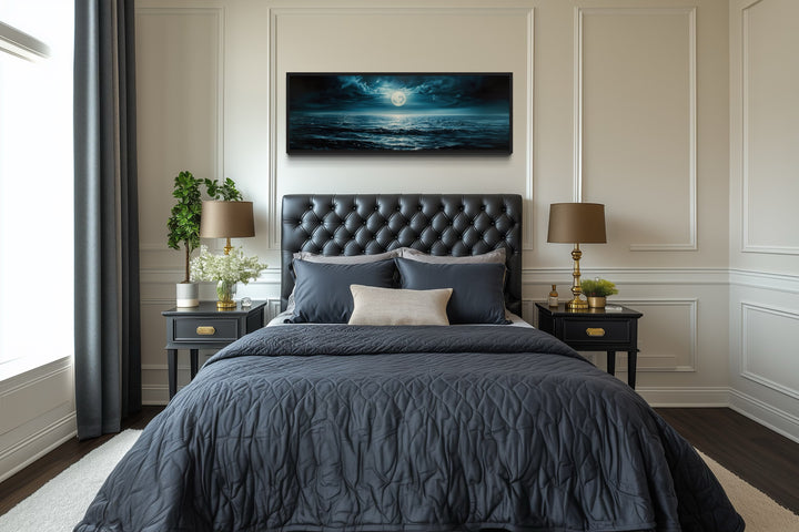 Panoramic Navy Blue Ocean And Moon In Night Sky Wall Art