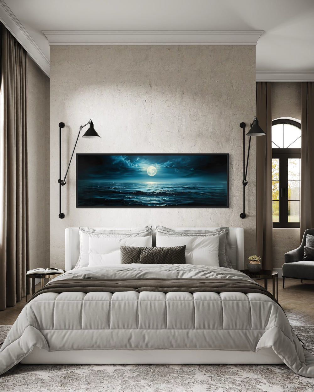 Panoramic Navy Blue Ocean And Moon In Night Sky Wall Art