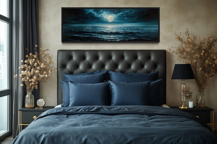 Panoramic Navy Blue Ocean And Moon In Night Sky Wall Art