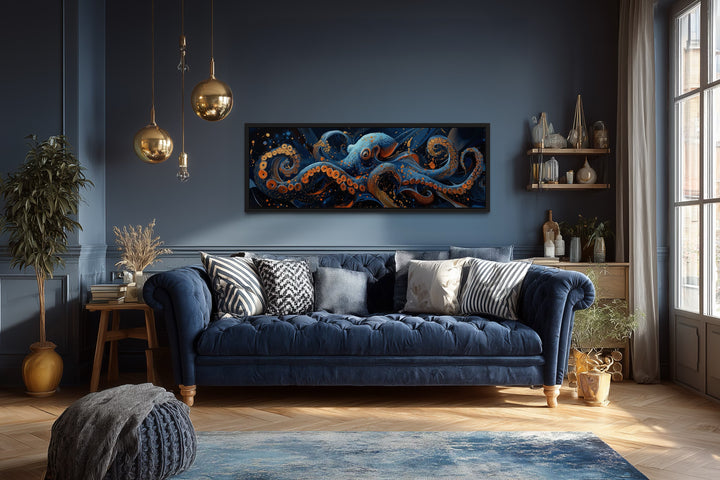 Panoramic Octopus Navy Blue Framed Canvas Wall Art