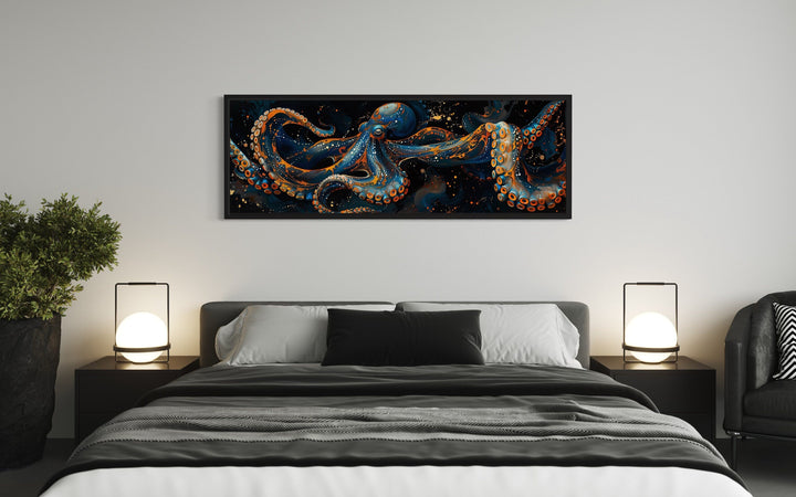 Panoramic Octopus Navy Blue Framed Canvas Wall Art