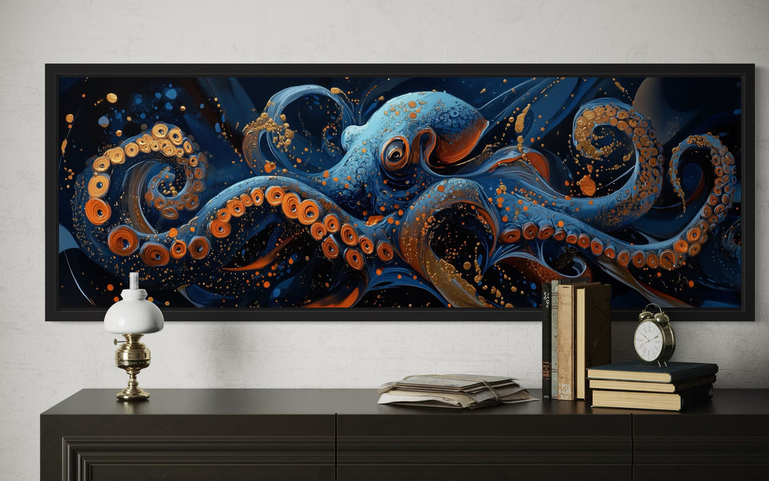Panoramic Octopus Navy Blue Framed Canvas Wall Art