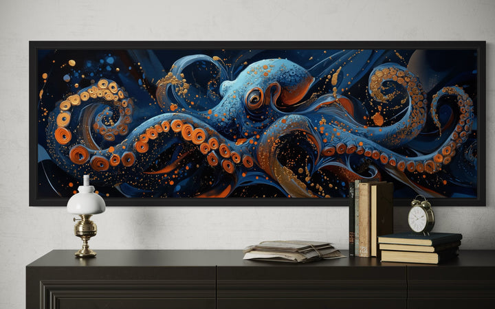 Panoramic Octopus Navy Blue Framed Canvas Wall Art