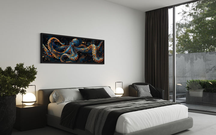 Panoramic Octopus Navy Blue Framed Canvas Wall Art