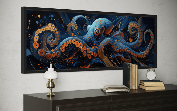 Panoramic Octopus Navy Blue Framed Canvas Wall Art