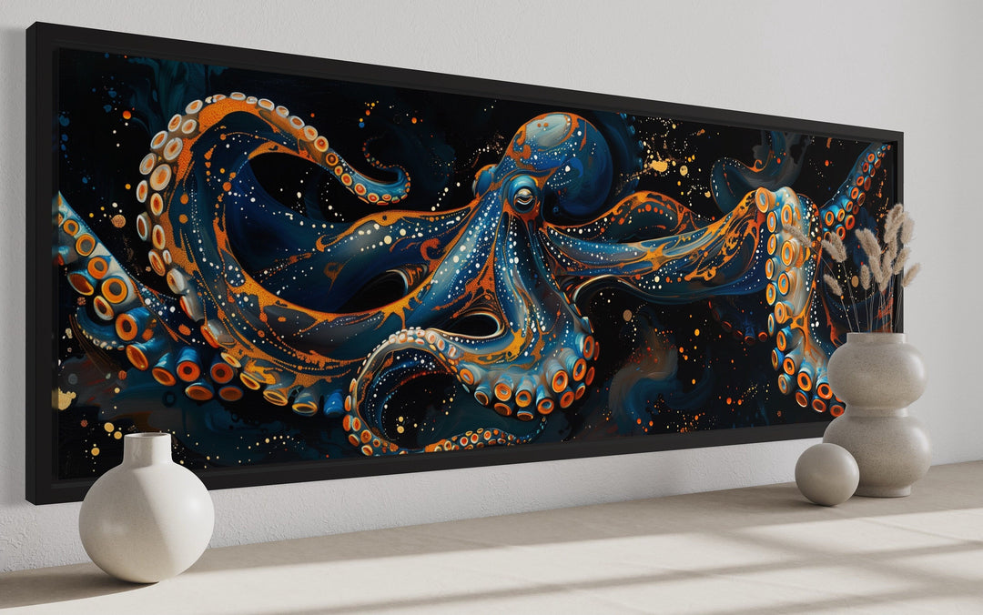 Panoramic Octopus Navy Blue Framed Canvas Wall Art