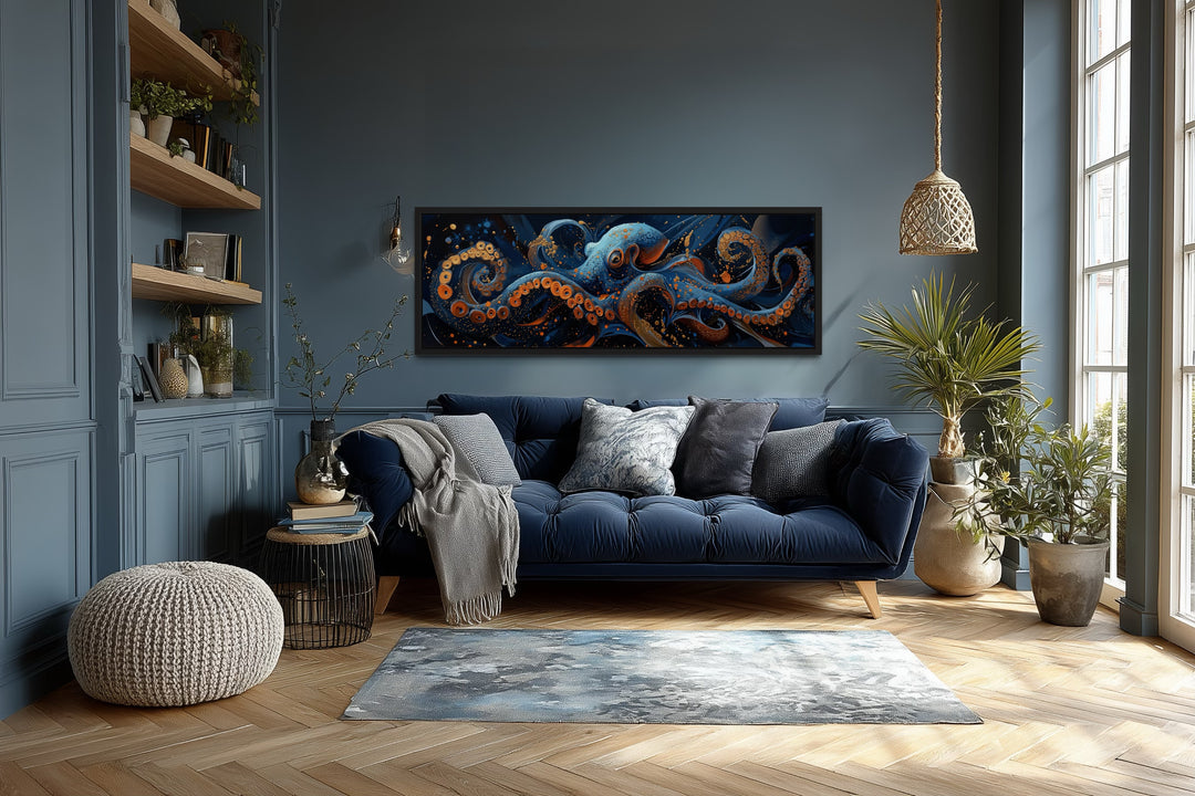 Panoramic Octopus Navy Blue Framed Canvas Wall Art