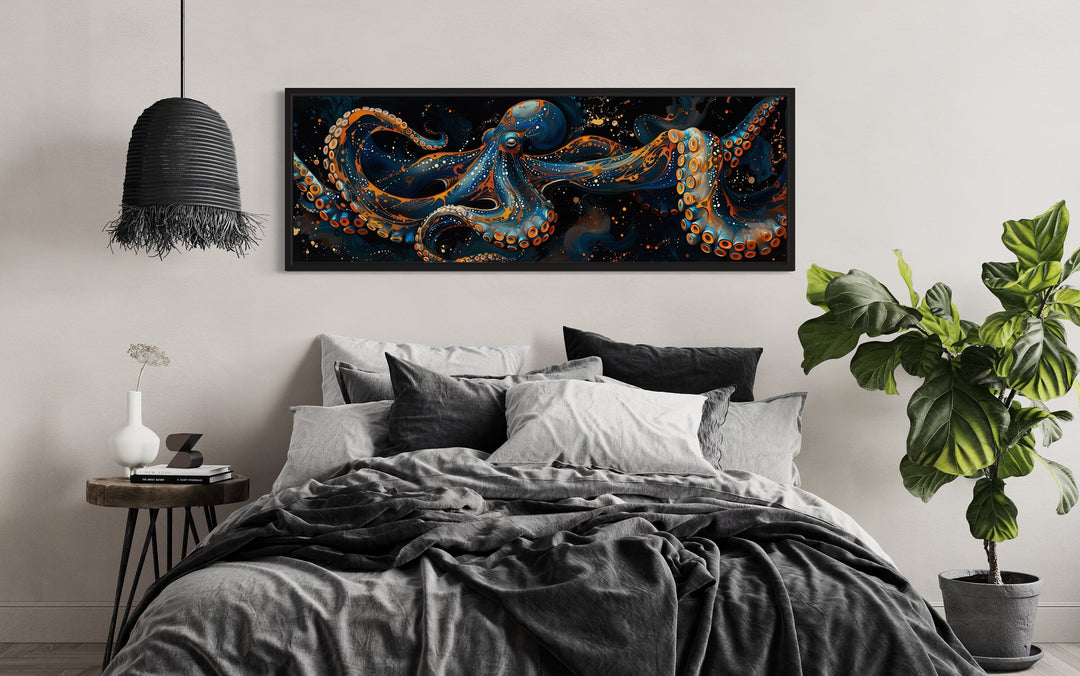 Panoramic Octopus Navy Blue Framed Canvas Wall Art