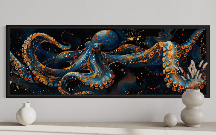 Panoramic Octopus Navy Blue Framed Canvas Wall Art