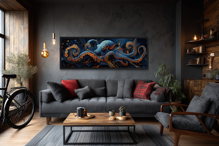 Panoramic Octopus Navy Blue Framed Canvas Wall Art
