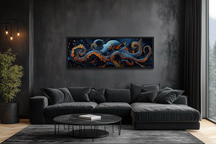 Panoramic Octopus Navy Blue Framed Canvas Wall Art