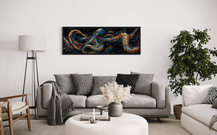 Panoramic Octopus Navy Blue Framed Canvas Wall Art