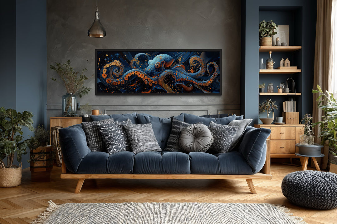 Panoramic Octopus Navy Blue Framed Canvas Wall Art